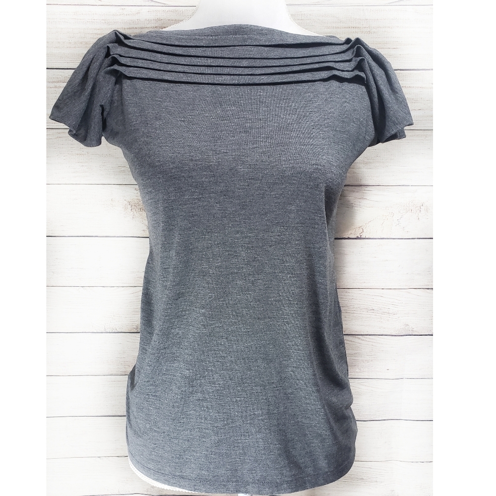 Talbots Grey Pleated Boat Neck Flutter Sleeve Top